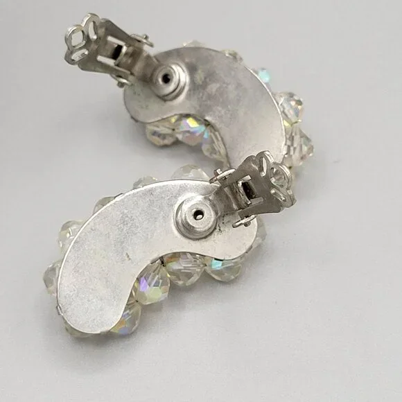 Vintage AB Aurora Borealis Crystal Curved Clip On Earrings 1940s - Picture 4 of 6